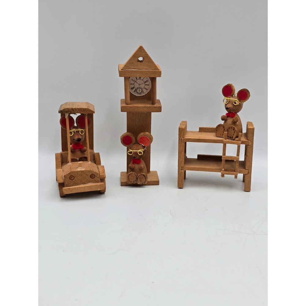 Miniature Mice Wooden Figurines OS Brown Good Vintage Folk Art Set 3 dollhouse